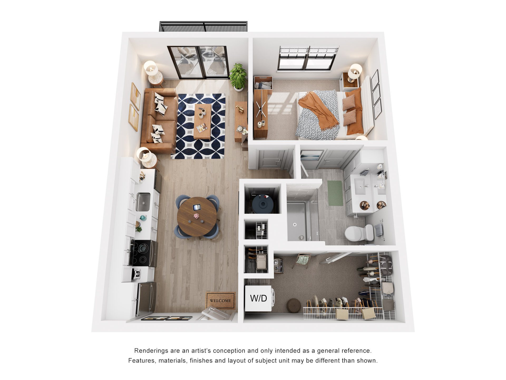 Floor plan for 1 bed, 1 bath, 721 sqft